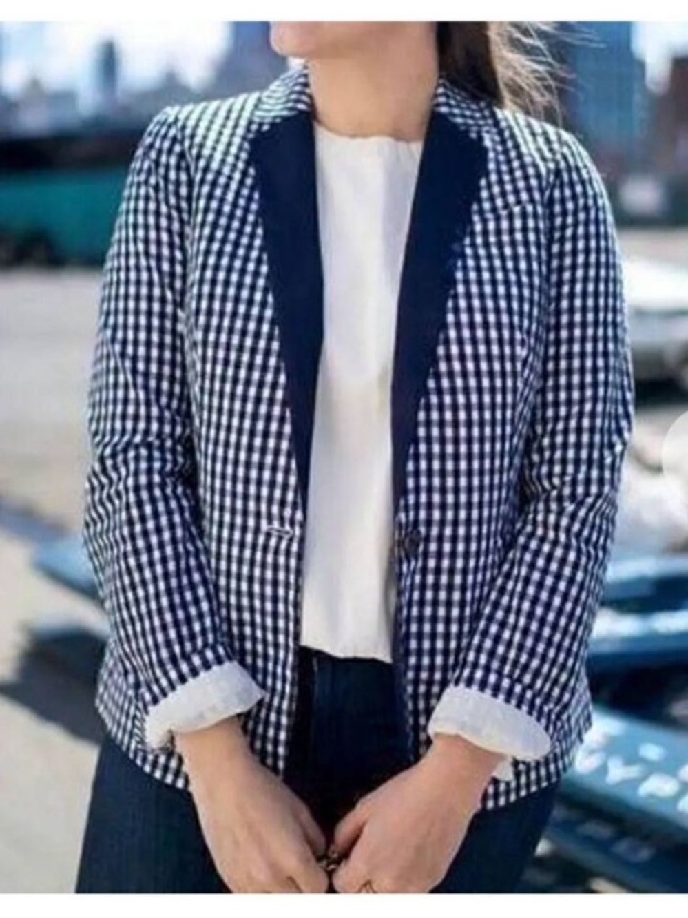 J. Crew Gingham Blue White Plaid Seersucker Single Button Blazer Jacket Preppy 6